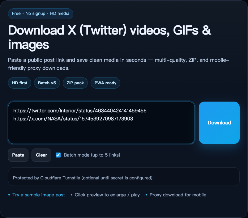 XDownload batch mode containing two public X status links