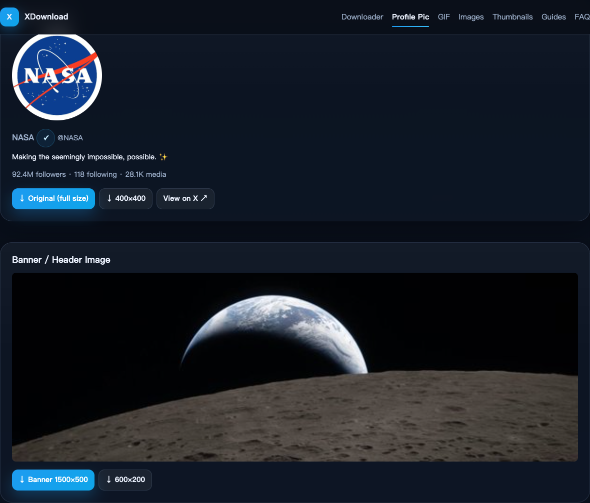 XDownload profile picture tool displaying a live NASA profile and banner result