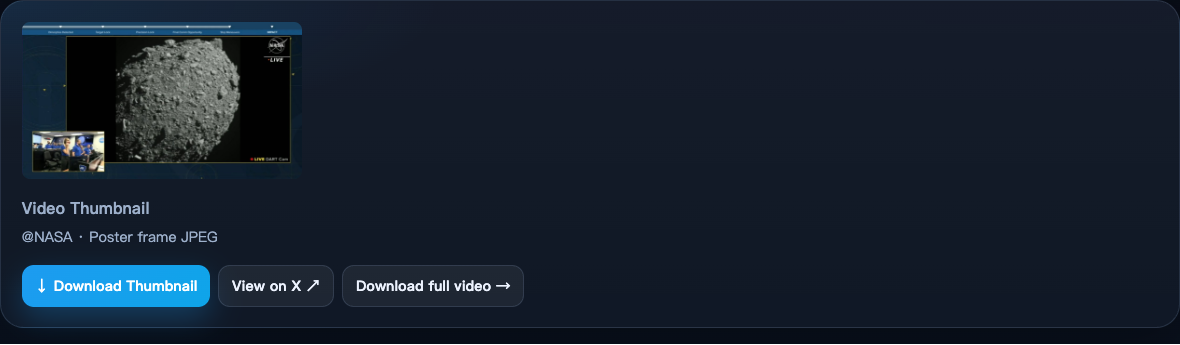 XDownload video thumbnail tool showing a resolved NASA video poster frame